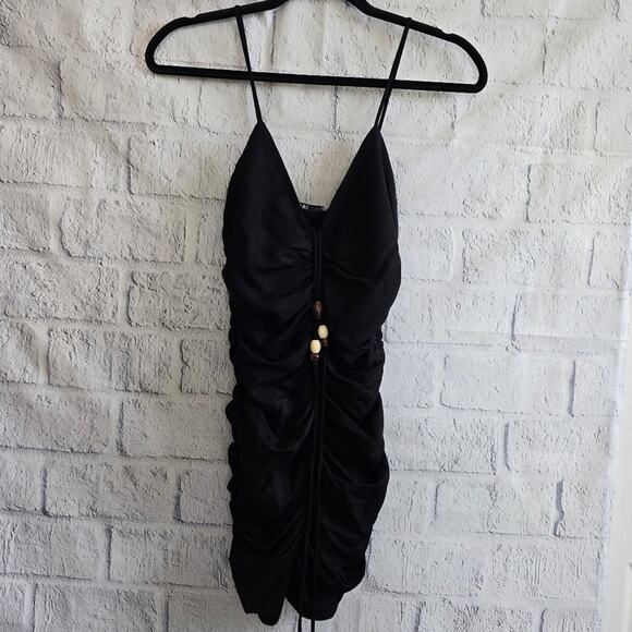 Zara NWT Black Ruched Mini Beaded Bodycon Dress Women's Small - Picture 1 of 9